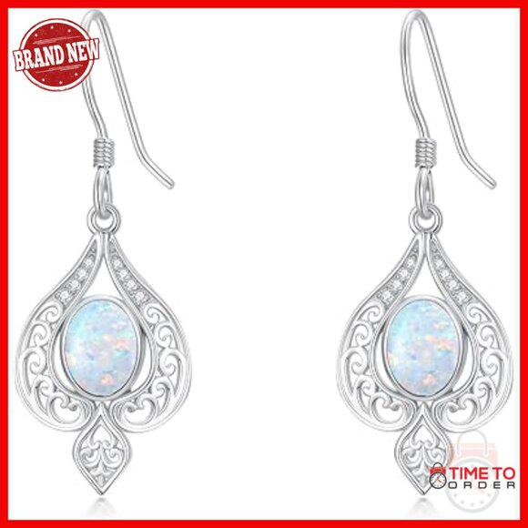 925 Sterling Silver Opal Dangle Earrings with Diamond Accents